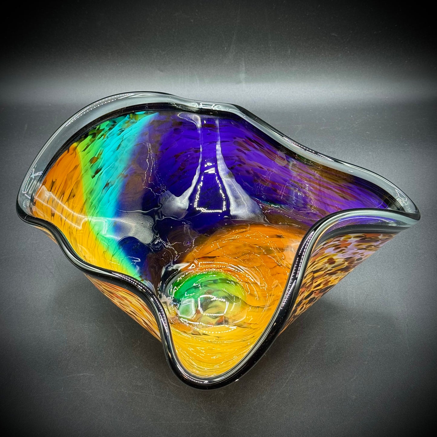 Large Colorful Free Form Art Glass Bowl