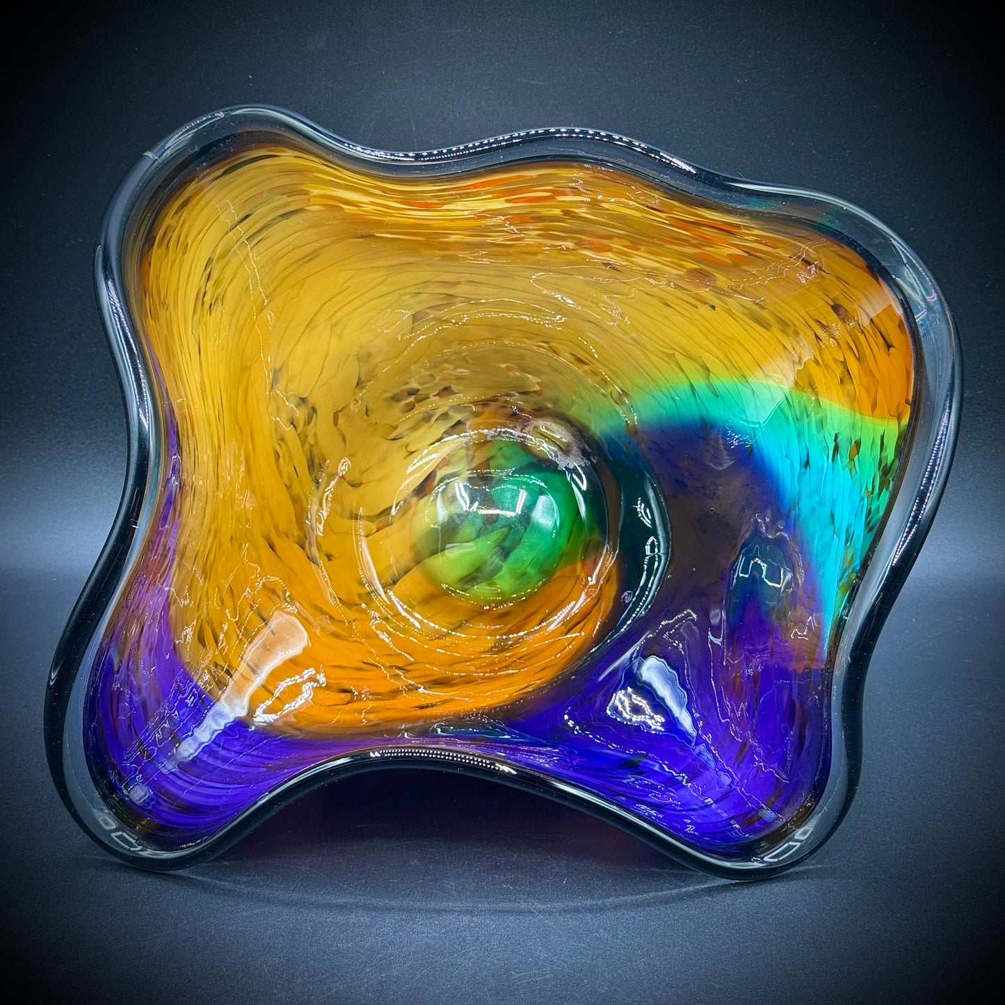 Large Colorful Free Form Art Glass Bowl