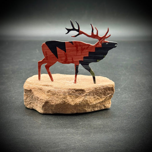 Metal Elk Sculpture on Sandstone Base