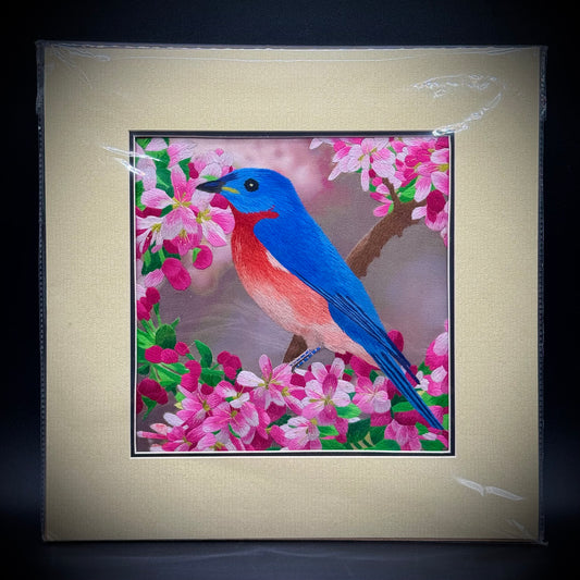 Susho Hand Stitched Silk Bird Art on Matte