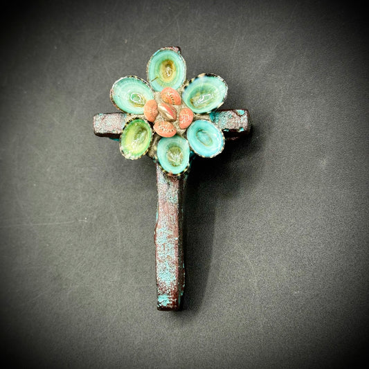 Hand Crafted Catalina Pottery Cross w/Shell Motif