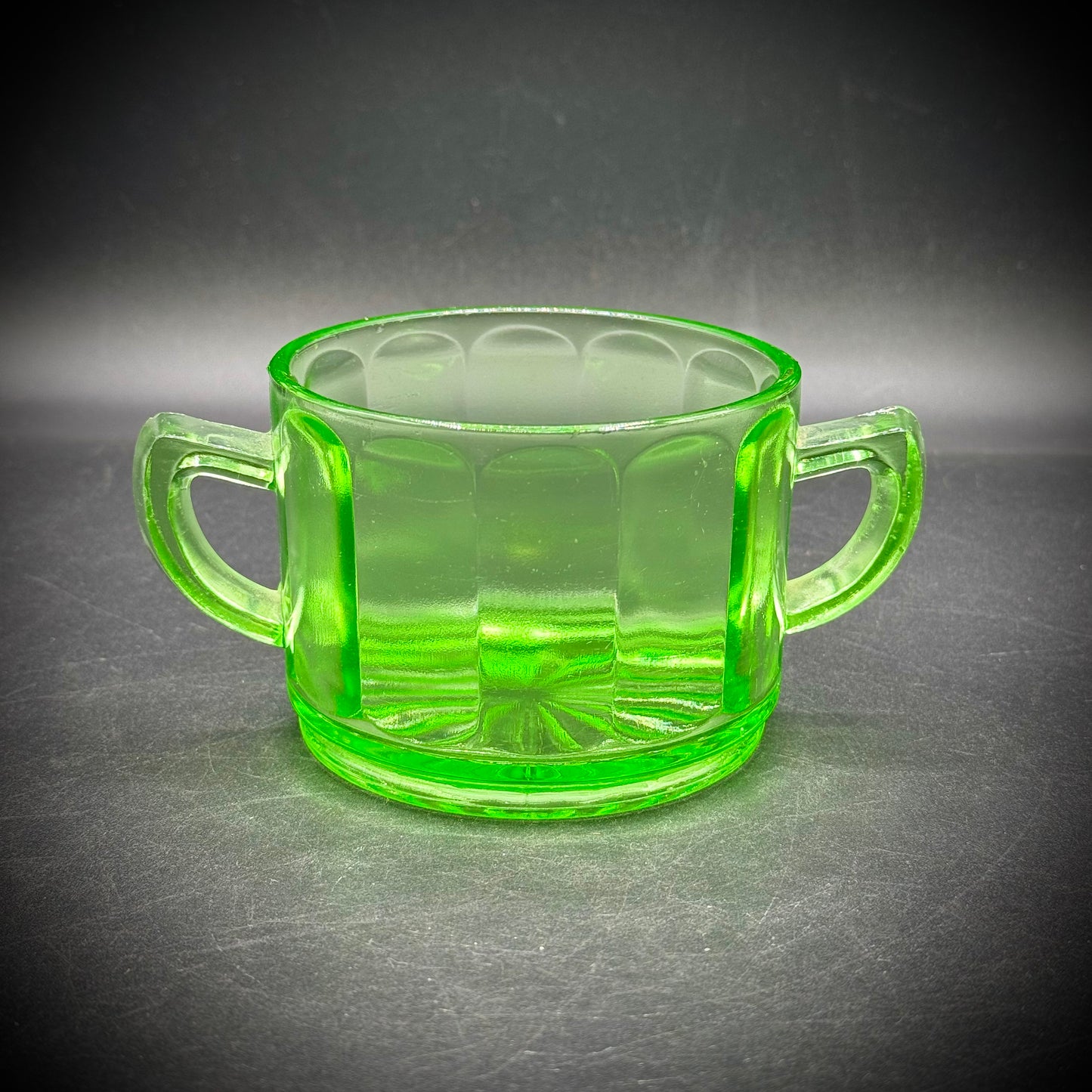 Vintage Uranium Glass Two Handled Sugar Bowl