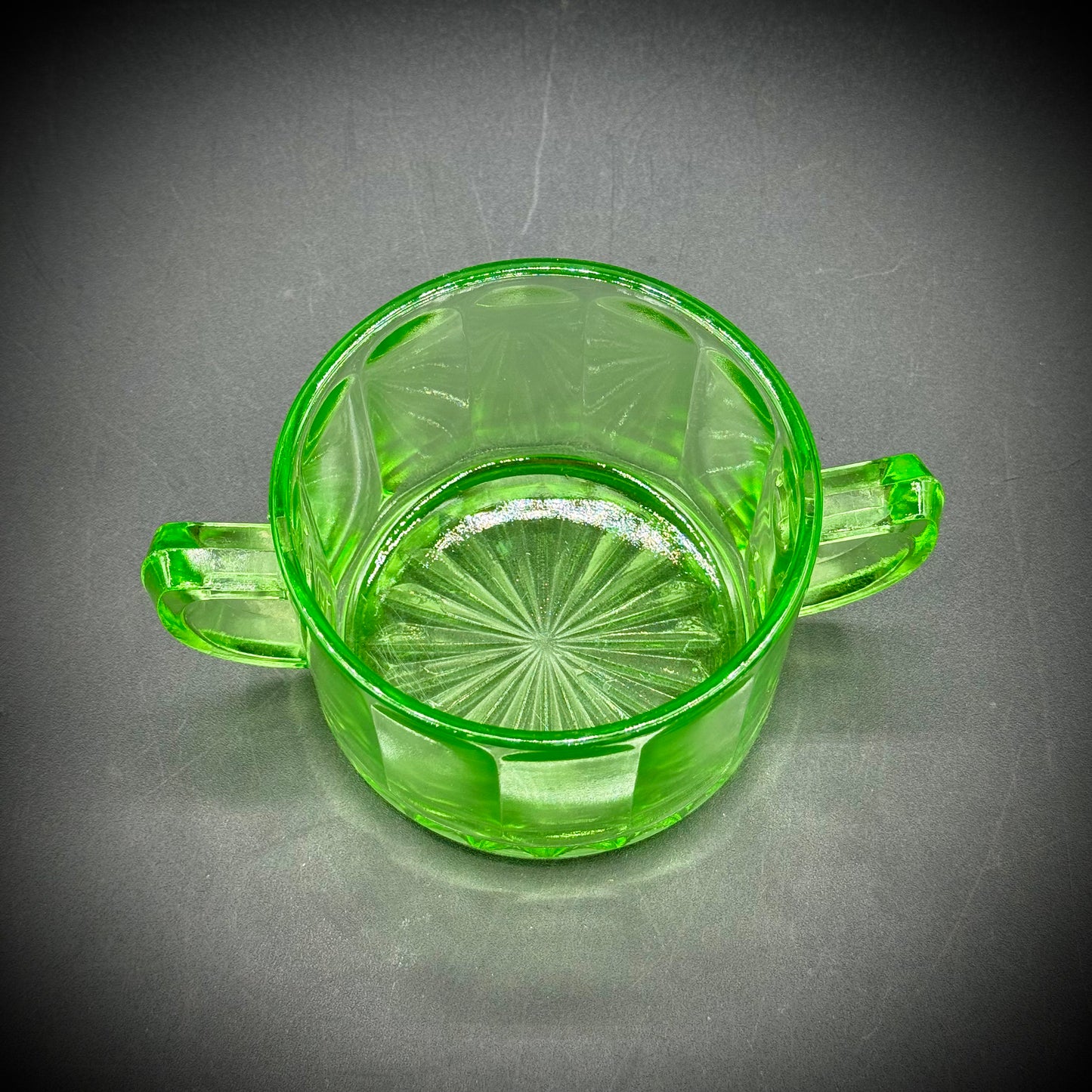 Vintage Uranium Glass Two Handled Sugar Bowl