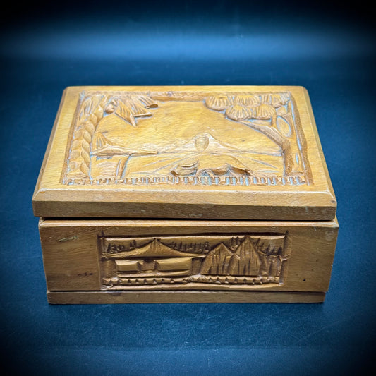 Vintage Decorative Carved Wood Box with Vintage Domino Set