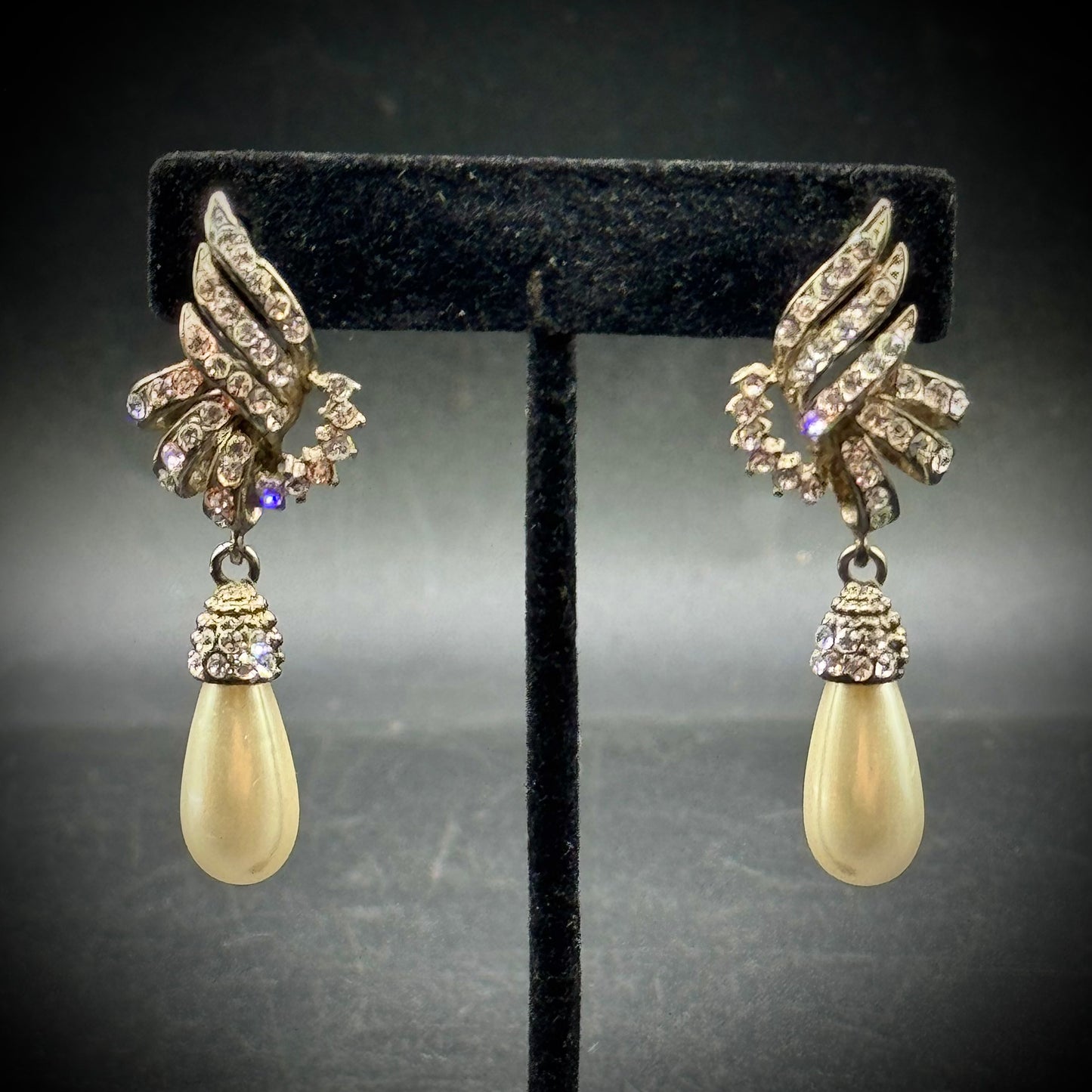 Vintage Rhinestone & Faux Pearl Formal Drop Earrings