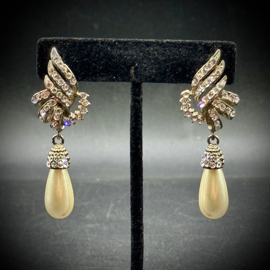 Vintage Rhinestone & Faux Pearl Formal Drop Earrings