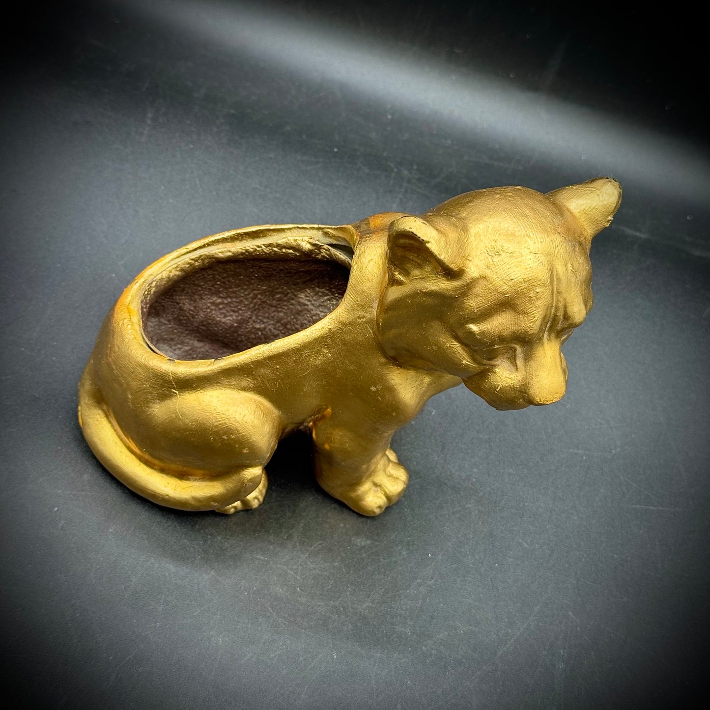 Vintage MCM Gold Tone Cat Planter