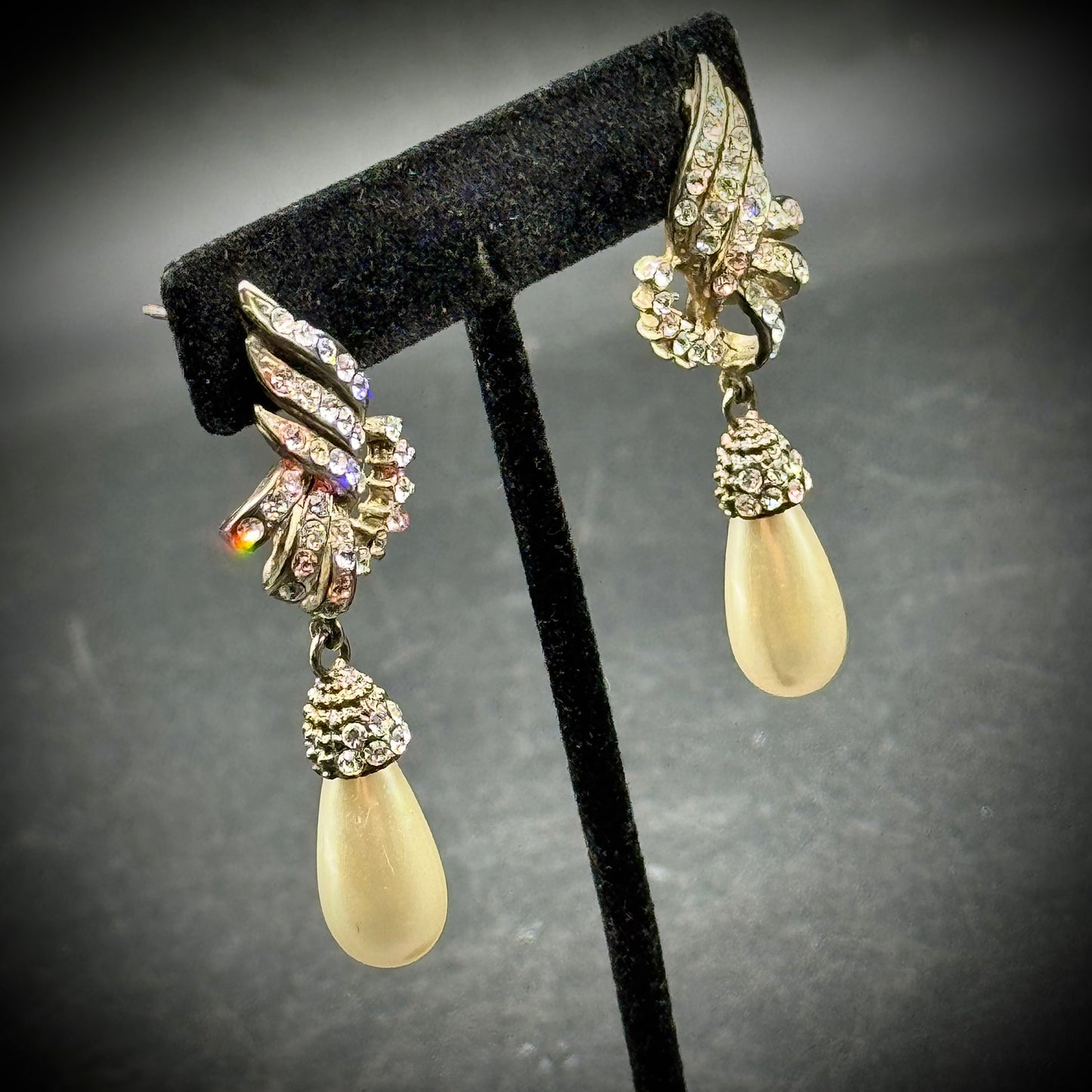 Vintage Rhinestone & Faux Pearl Formal Drop Earrings