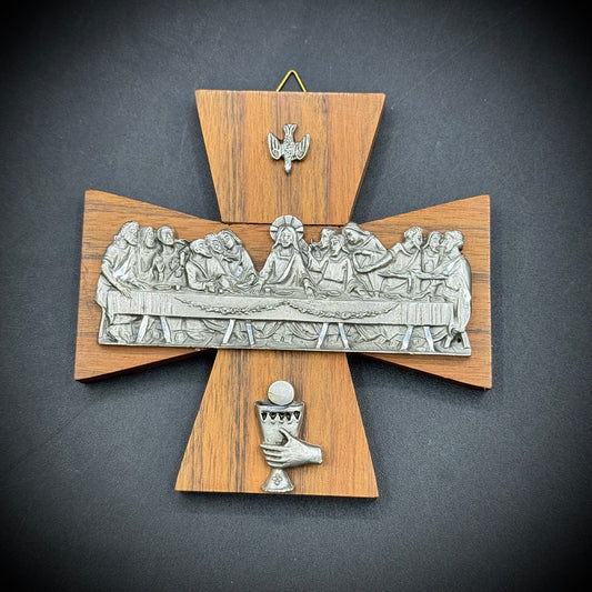 Vintage Sacro Wood & Silver Last Supper Cross Hanging Decor - Made in Italy
