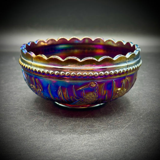 Antique L.G. Wright Stork & Rushes Carnival Glass Bowl
