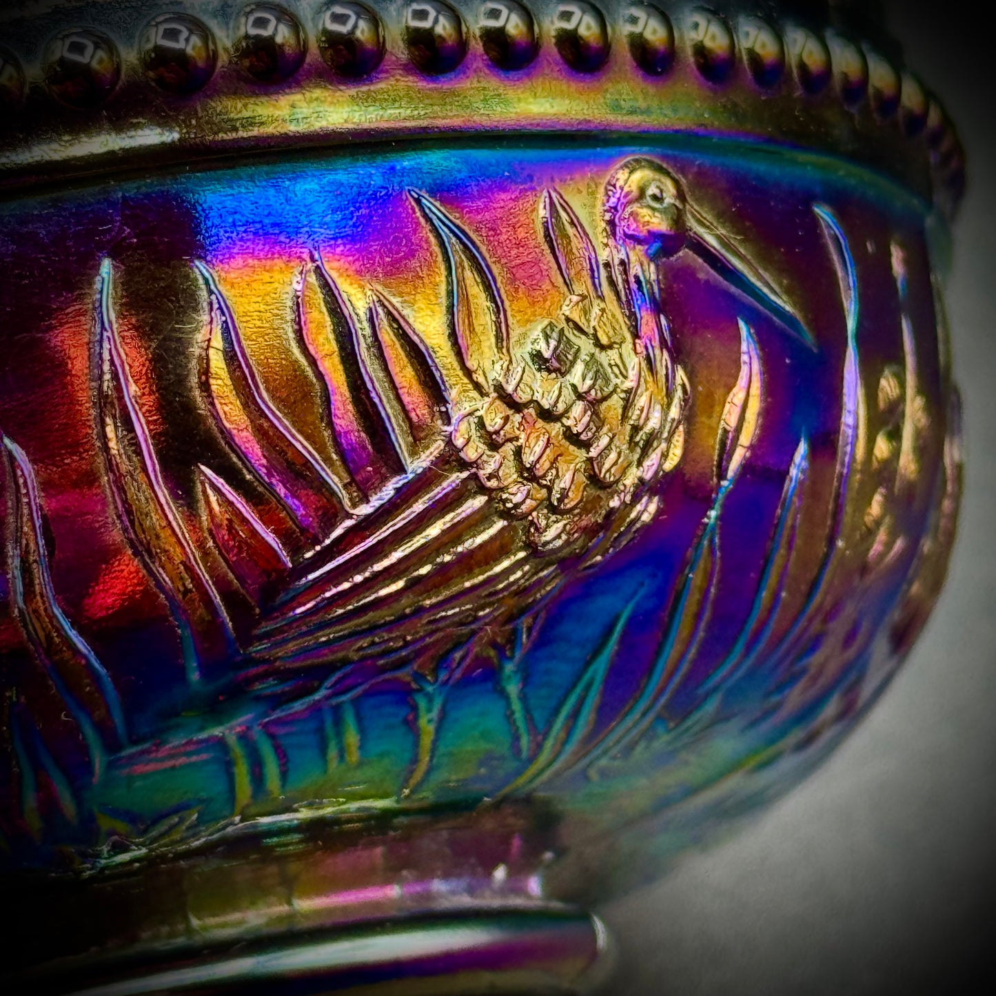 Antique L.G. Wright Stork & Rushes Carnival Glass Bowl