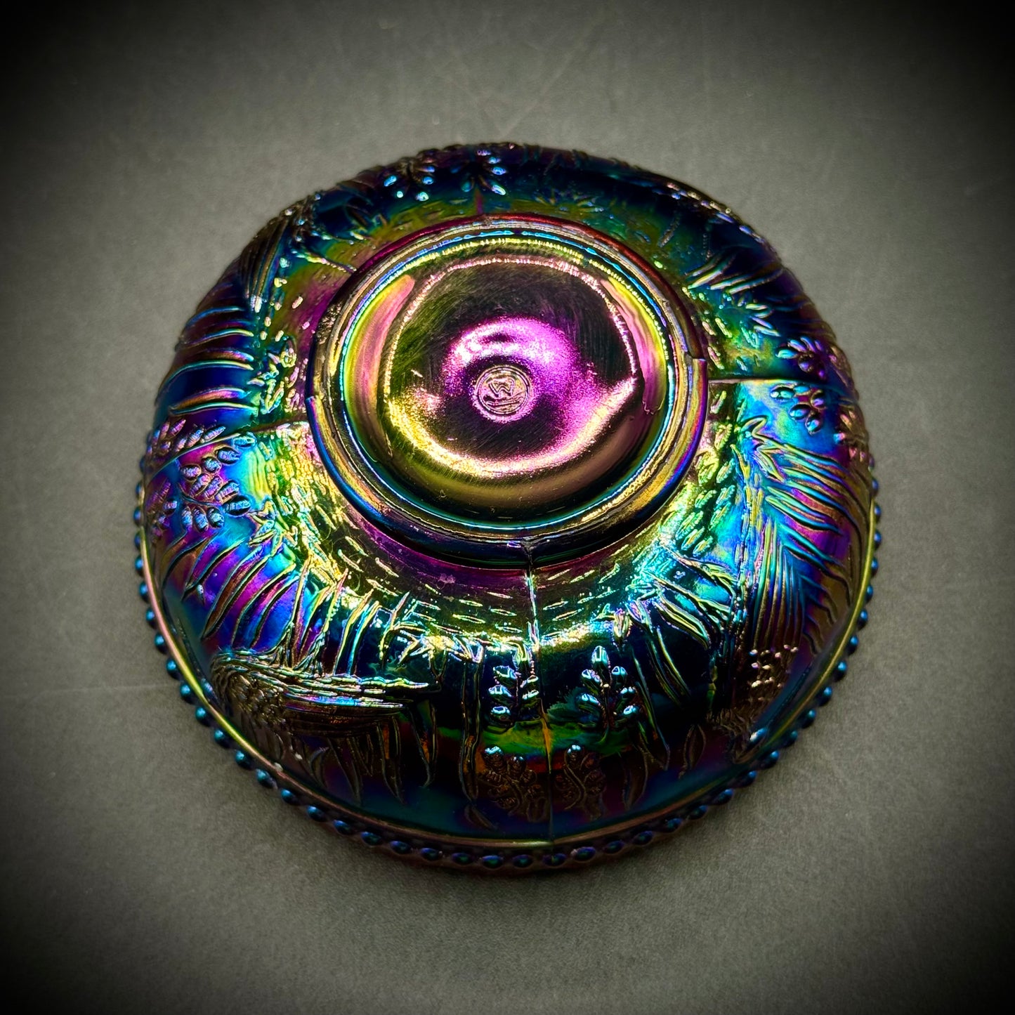 Antique L.G. Wright Stork & Rushes Carnival Glass Bowl