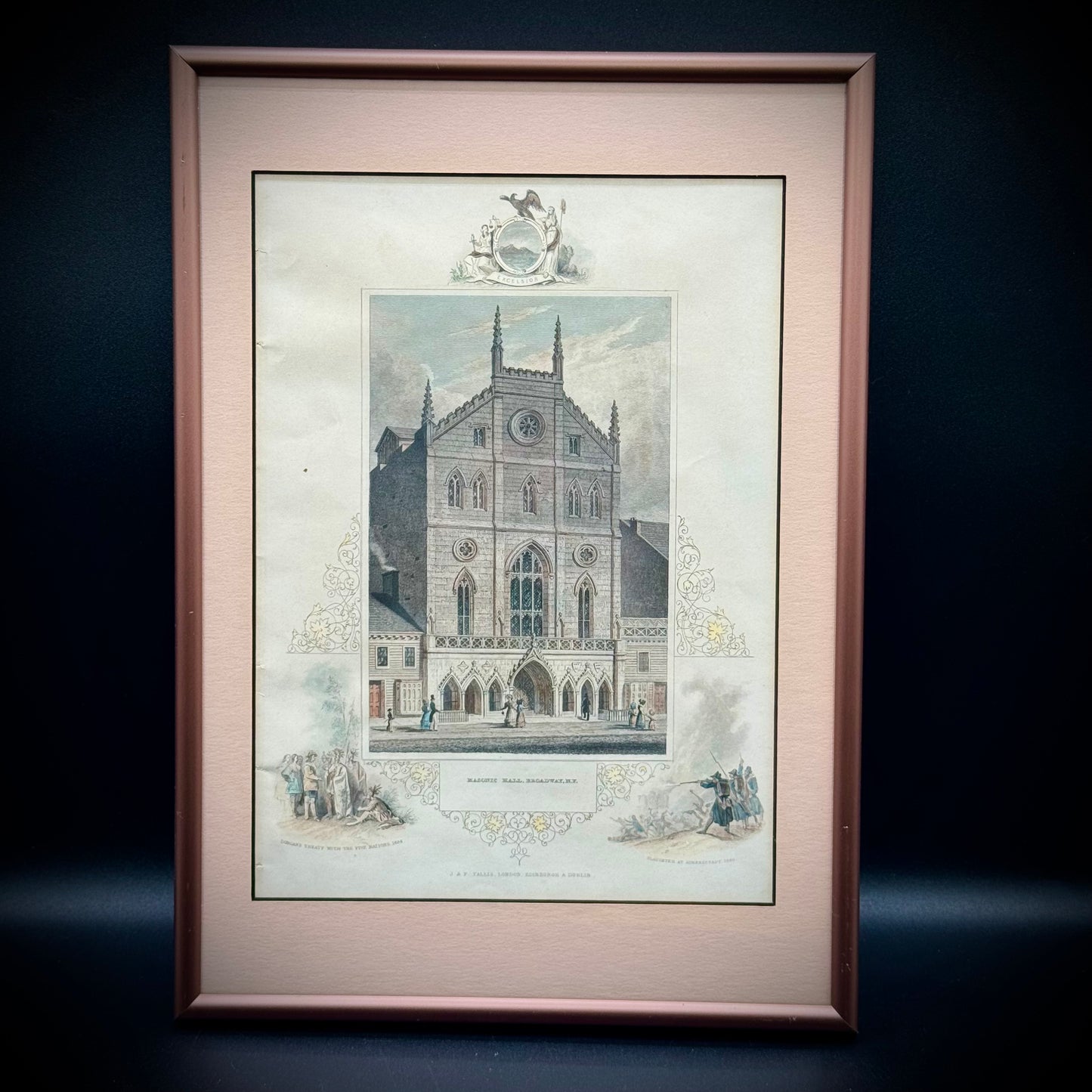 Antique 19th Century Hand Tinted Lithograph "New York Masonic Hall" Professionally Framed