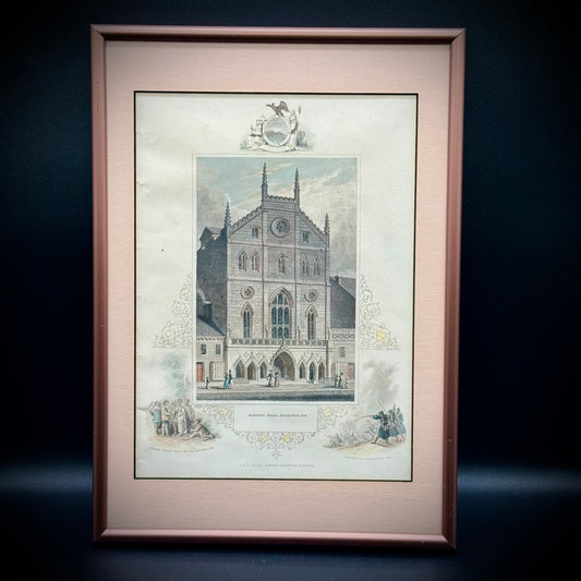 Antique 19th Century Hand Tinted Lithograph "New York Masonic Hall" Professionally Framed