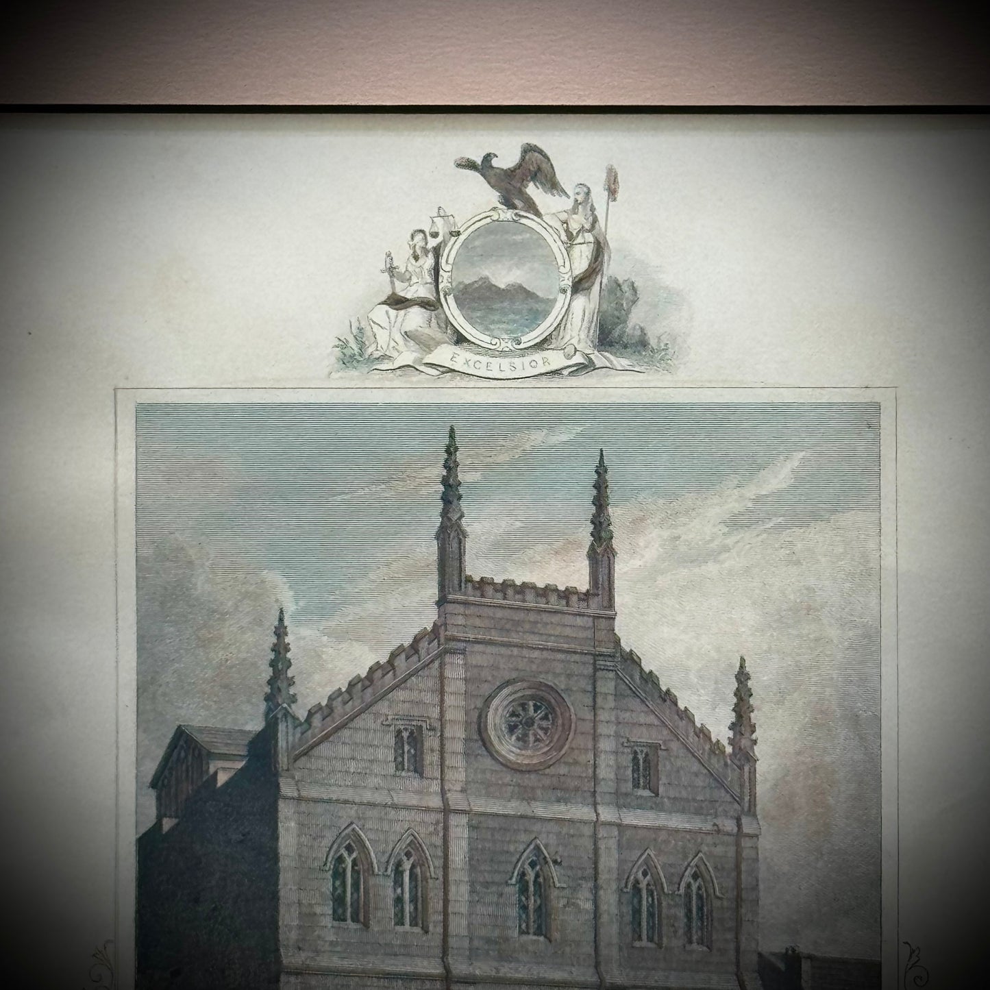 Antique 19th Century Hand Tinted Lithograph "New York Masonic Hall" Professionally Framed