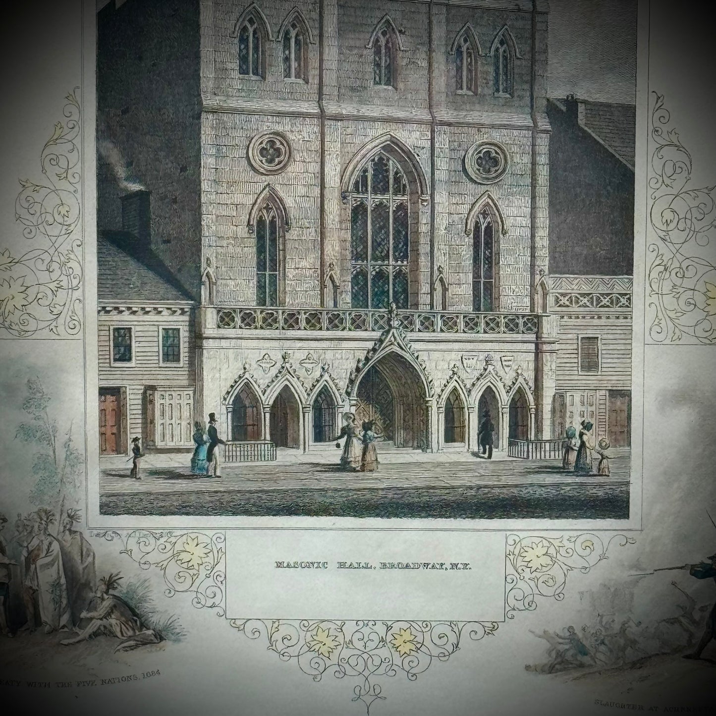 Antique 19th Century Hand Tinted Lithograph "New York Masonic Hall" Professionally Framed