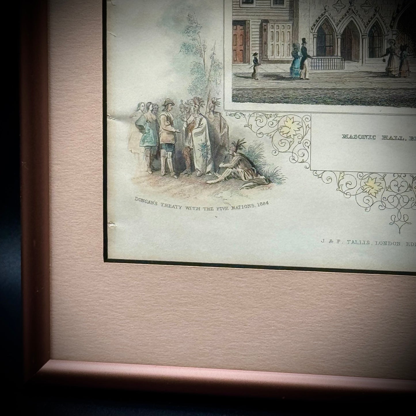 Antique 19th Century Hand Tinted Lithograph "New York Masonic Hall" Professionally Framed