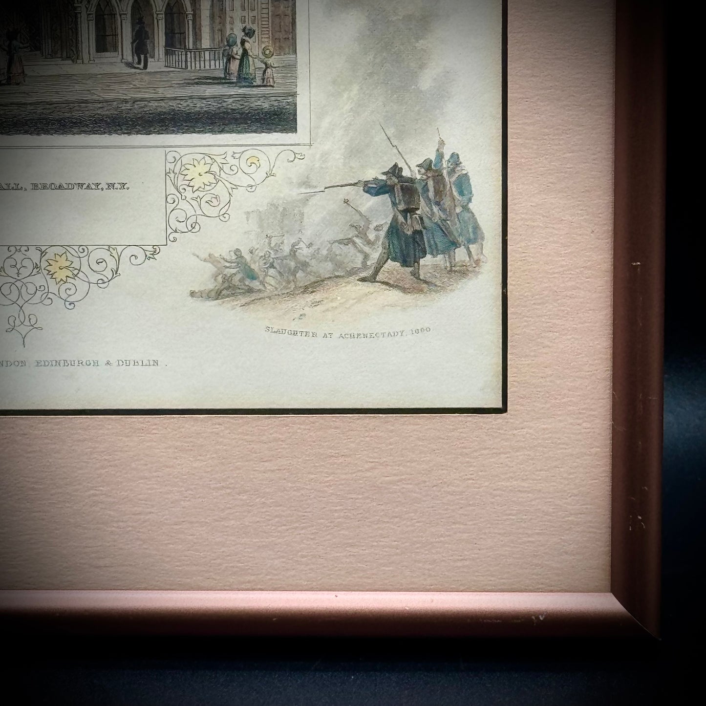 Antique 19th Century Hand Tinted Lithograph "New York Masonic Hall" Professionally Framed