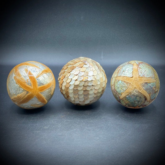 Set of Three Large Inlaid Shell Decorative Balls