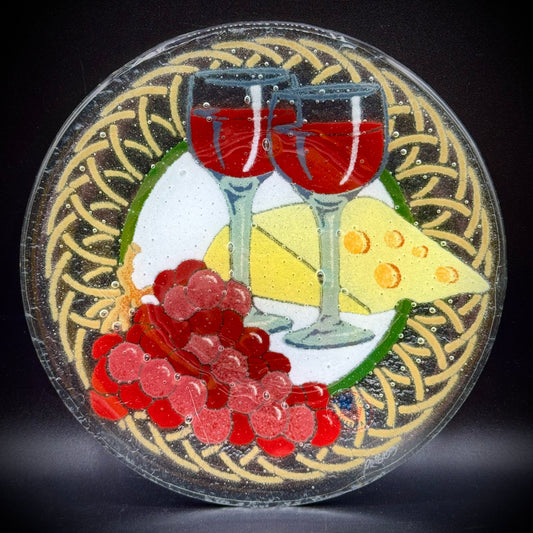 Fused Art Glass Dish Wine & Cheese Motif