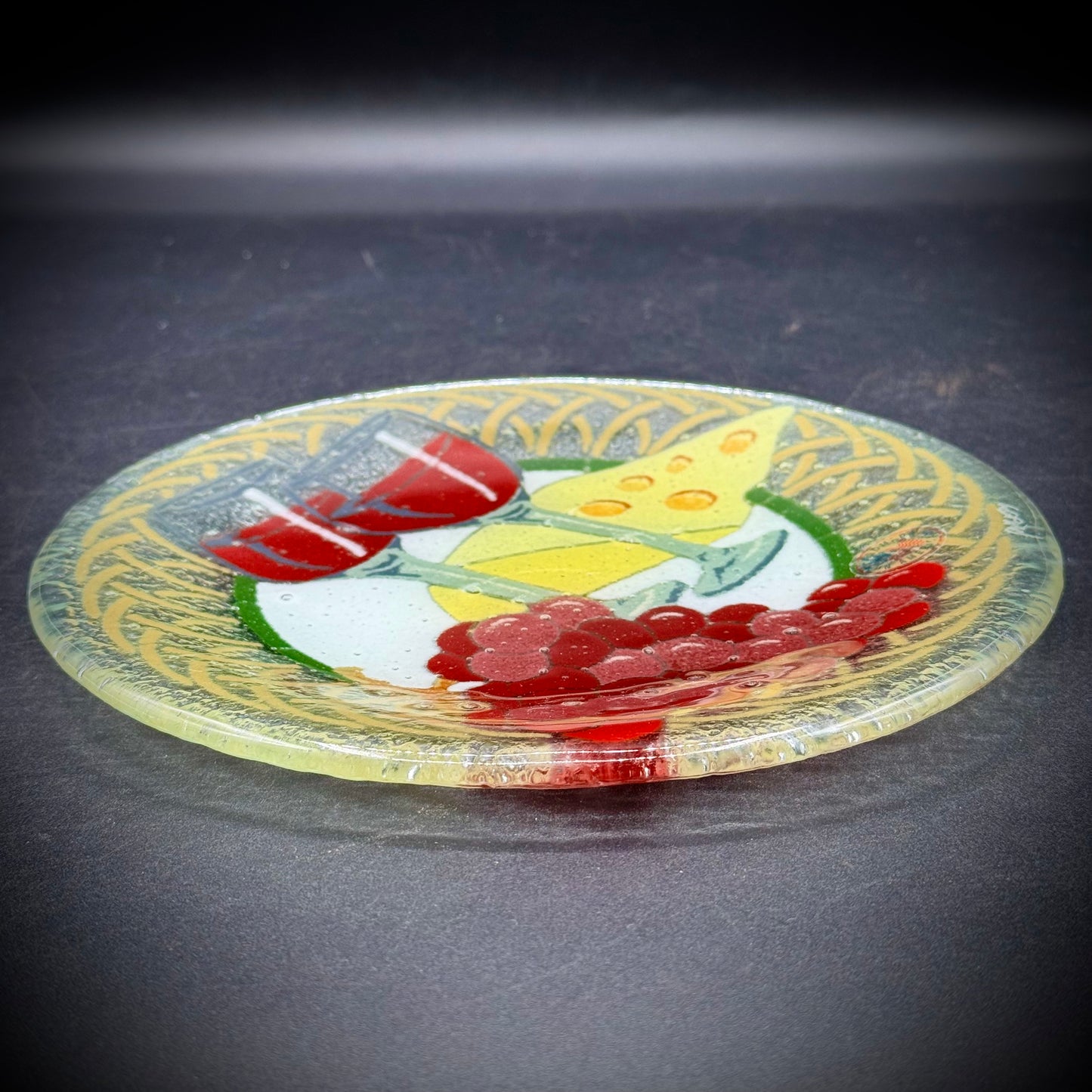Fused Art Glass Dish Wine & Cheese Motif
