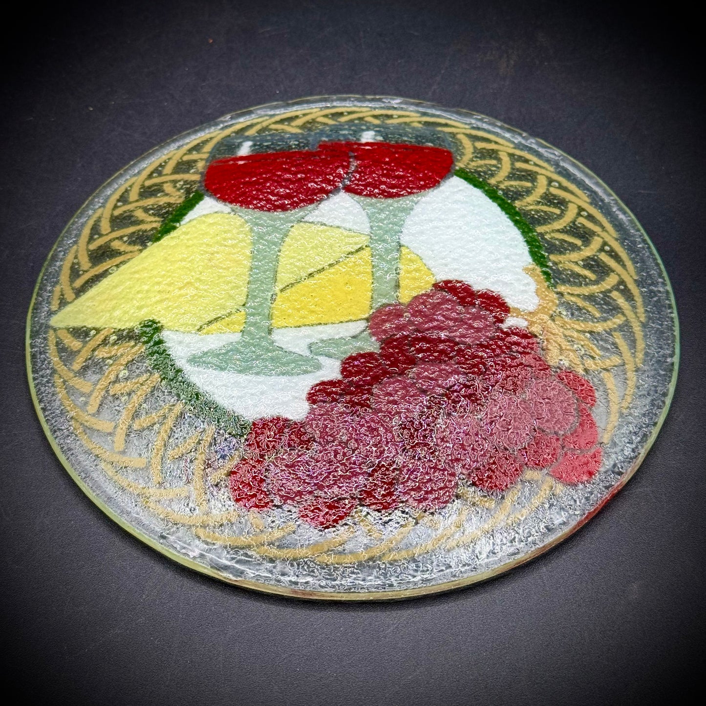 Fused Art Glass Dish Wine & Cheese Motif