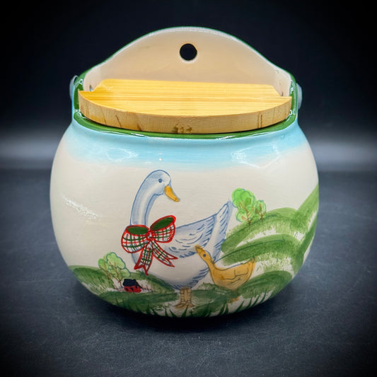 Hand Painted Goose Motif Ceramic & Wood Salt Box