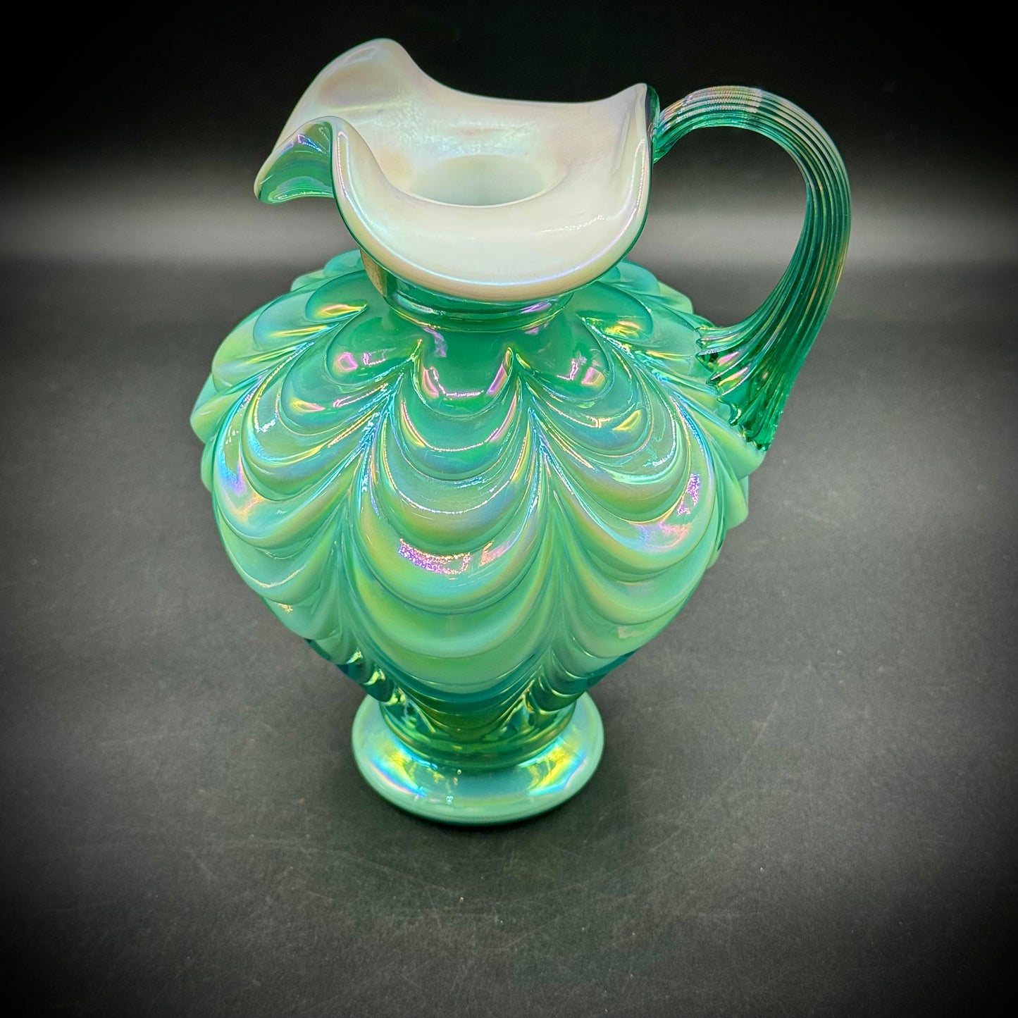 Vintage Fenton 95th Anniversary Green Iridescent Overlay Draped Pitcher