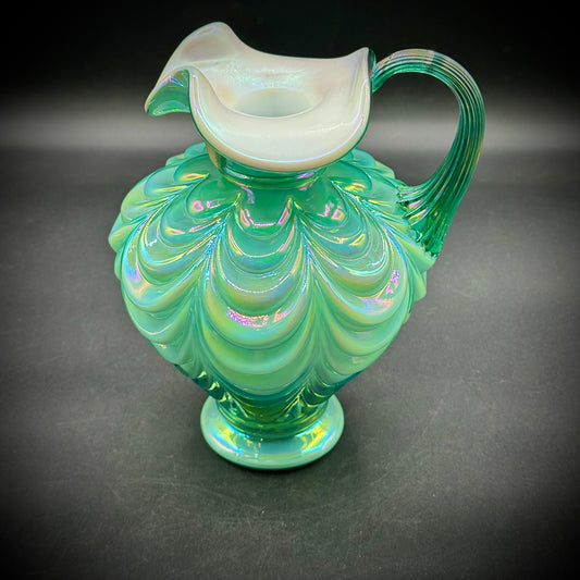 Vintage Fenton 95th Anniversary Green Iridescent Overlay Draped Pitcher