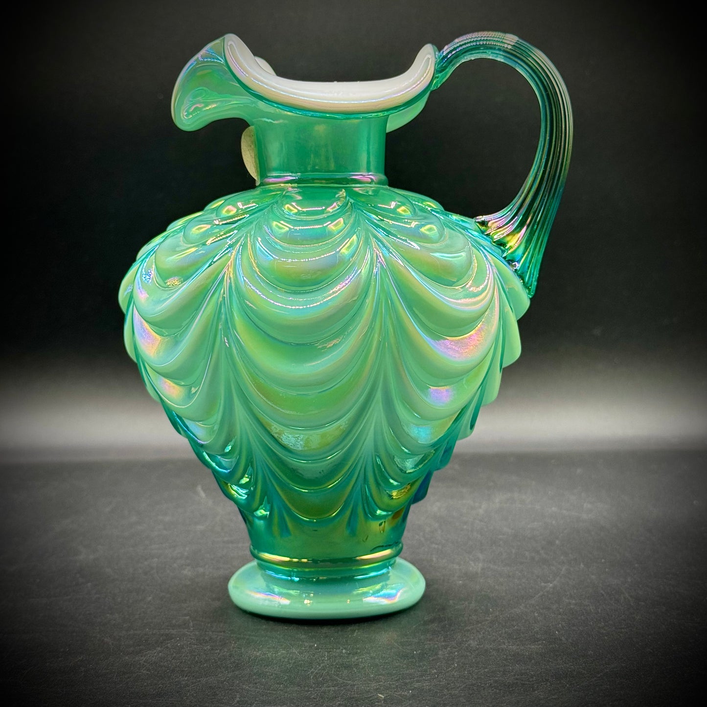 Vintage Fenton 95th Anniversary Green Iridescent Overlay Draped Pitcher