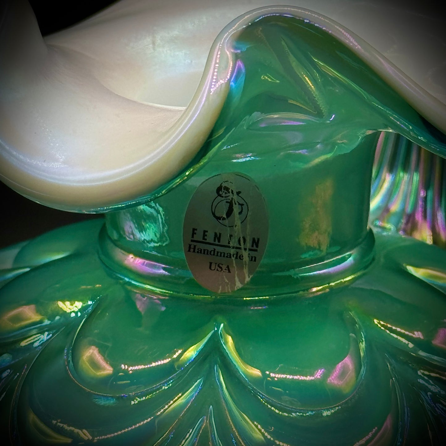 Vintage Fenton 95th Anniversary Green Iridescent Overlay Draped Pitcher