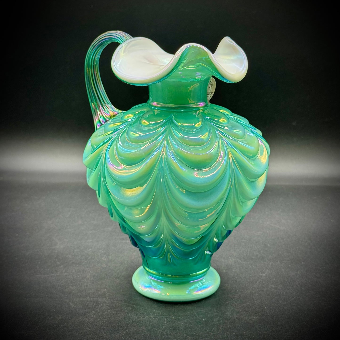 Vintage Fenton 95th Anniversary Green Iridescent Overlay Draped Pitcher