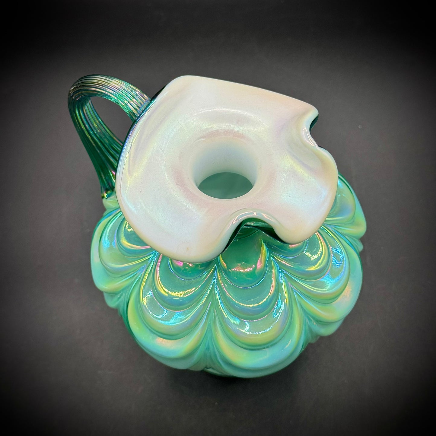 Vintage Fenton 95th Anniversary Green Iridescent Overlay Draped Pitcher