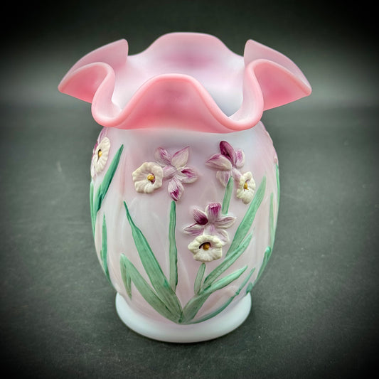 Vintage Fenton 95th Anniversary Blue Burmese Hand Painted & Sean Fenton Signed Daffodil Vase