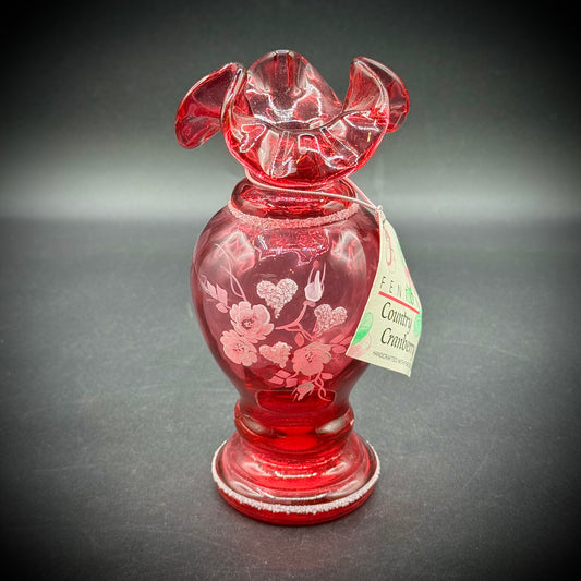 Vintage Fenton Country Cranberry Hearts & Flowers Vase Crafted with Pure Gold