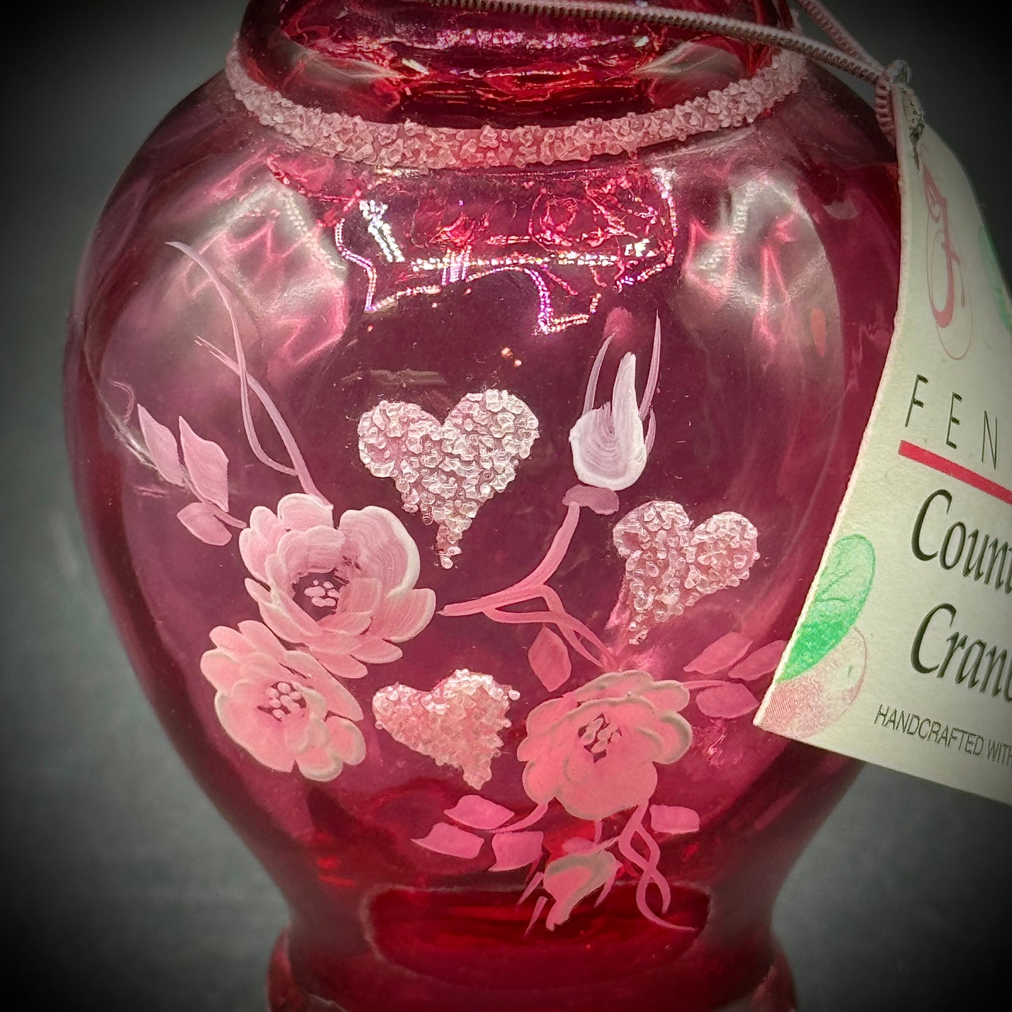 Vintage Fenton Country Cranberry Hearts & Flowers Vase Crafted with Pure Gold
