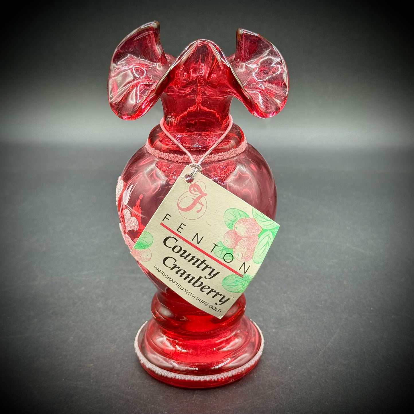 Vintage Fenton Country Cranberry Hearts & Flowers Vase Crafted with Pure Gold