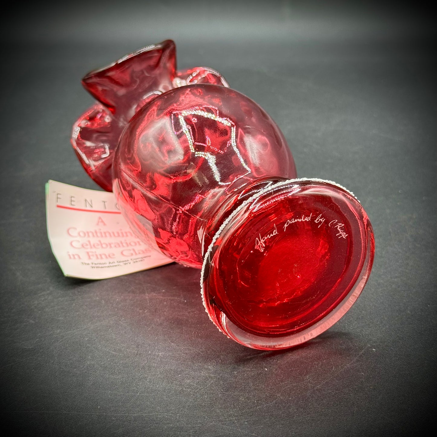 Vintage Fenton Country Cranberry Hearts & Flowers Vase Crafted with Pure Gold