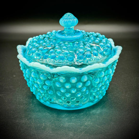 Vintage Fenton Blue Opalescent Hobnail Covered Dish