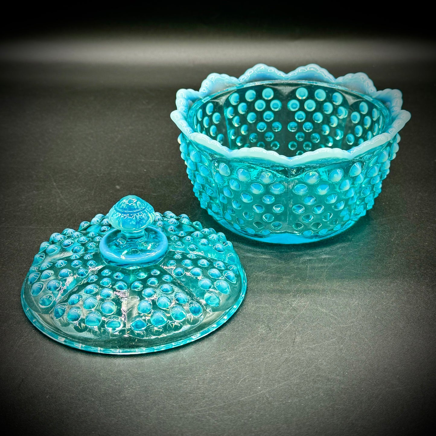 Vintage Fenton Blue Opalescent Hobnail Covered Dish