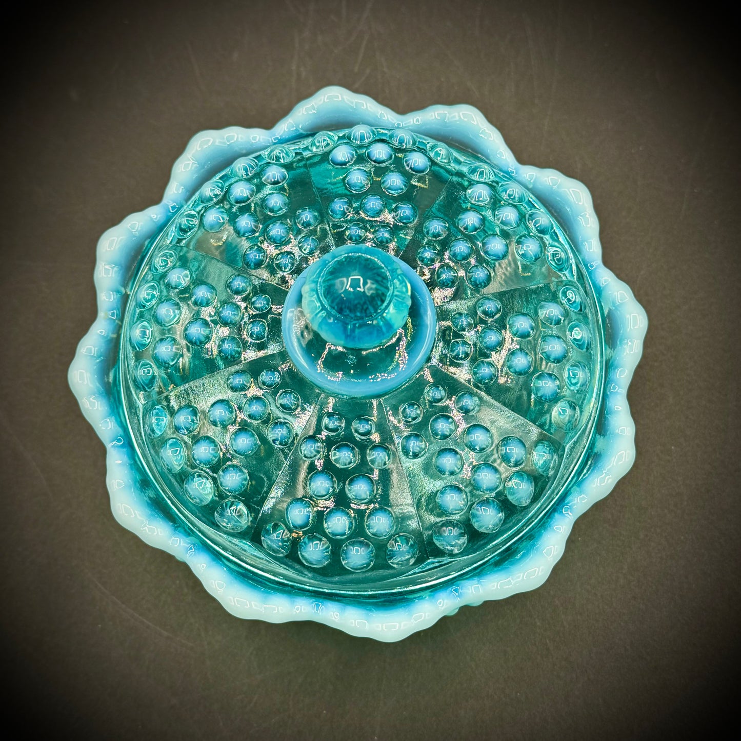 Vintage Fenton Blue Opalescent Hobnail Covered Dish