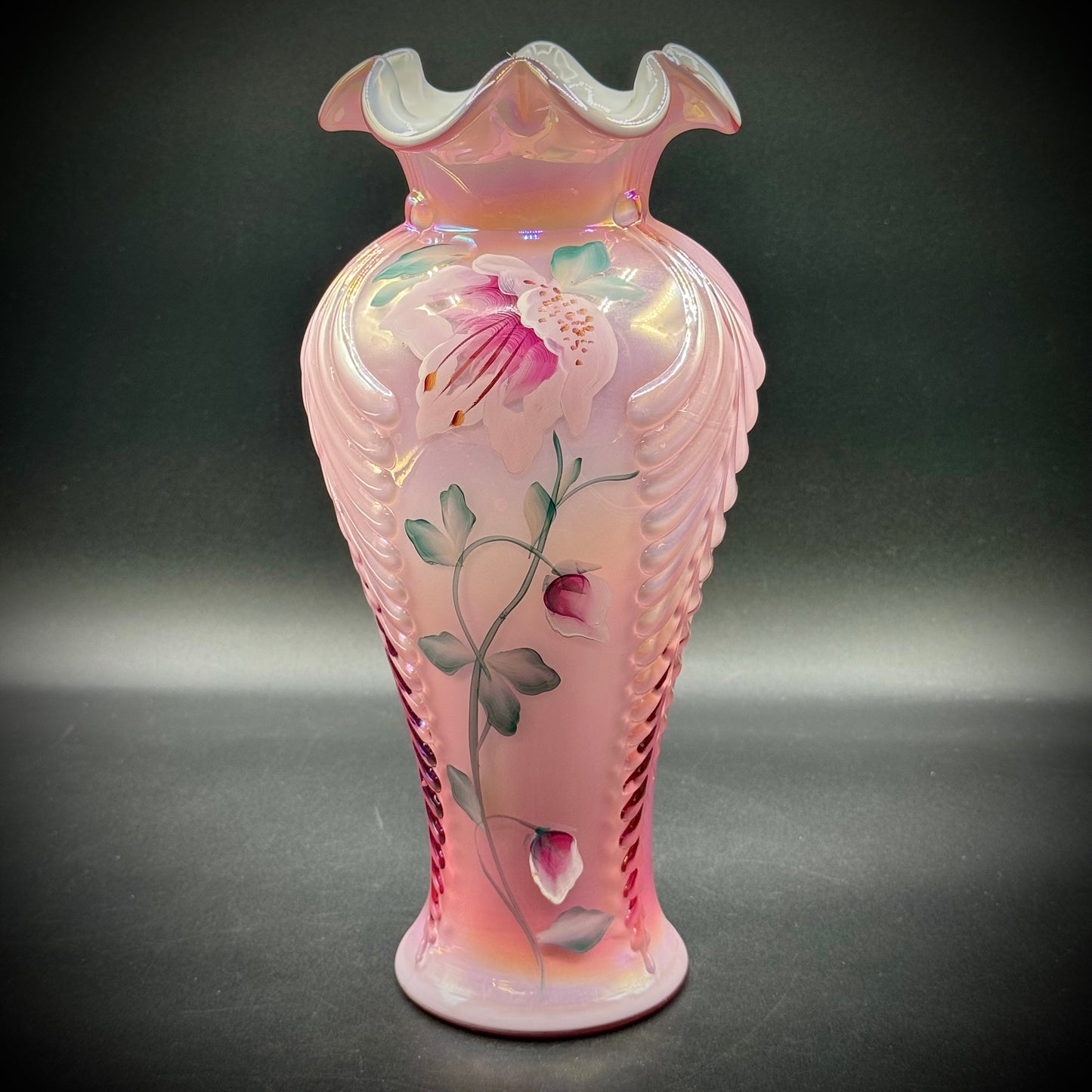 Vintage Fenton Museum Collection Pink Opalescent Ruffled Top Floral Vase Signed by Dan Fenton