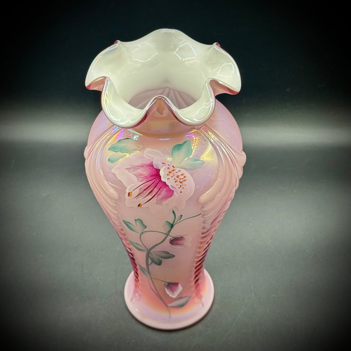 Vintage Fenton Museum Collection Pink Opalescent Ruffled Top Floral Vase Signed by Dan Fenton