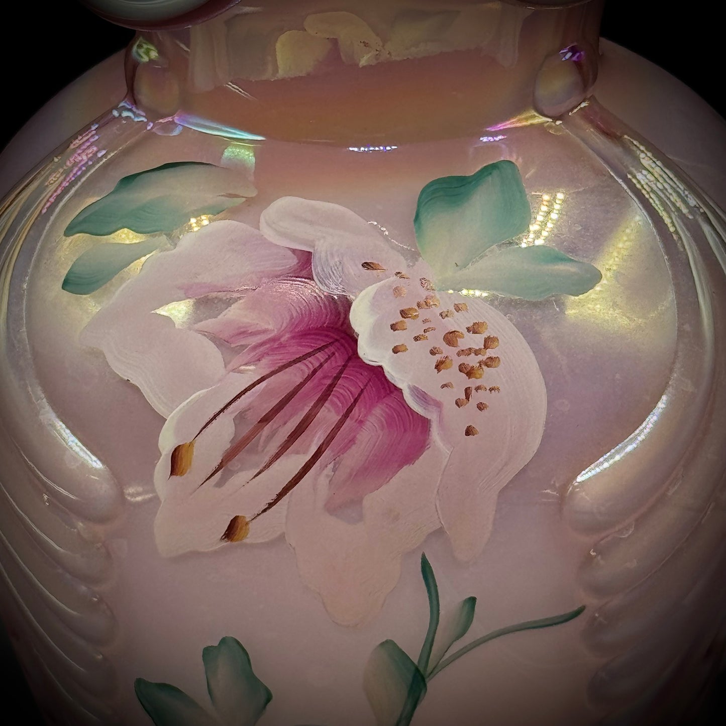 Vintage Fenton Museum Collection Pink Opalescent Ruffled Top Floral Vase Signed by Dan Fenton