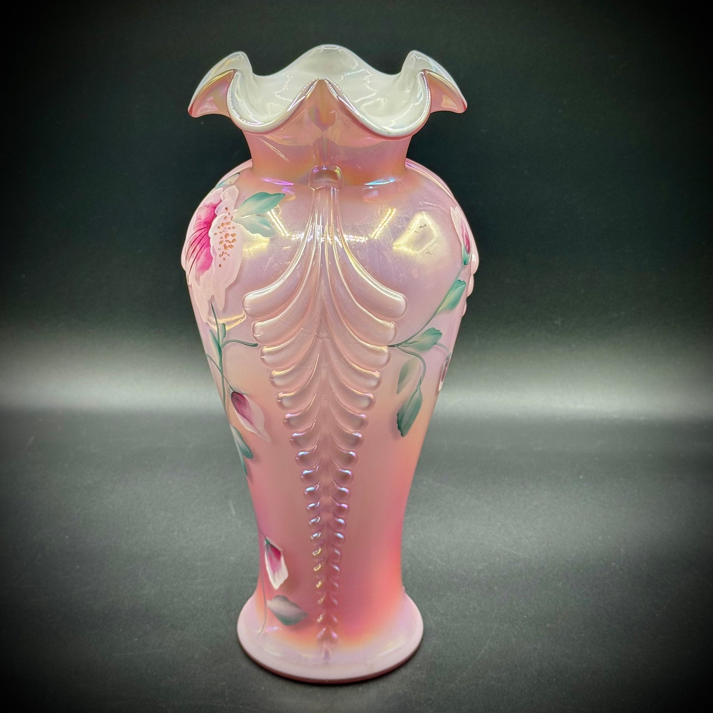 Vintage Fenton Museum Collection Pink Opalescent Ruffled Top Floral Vase Signed by Dan Fenton