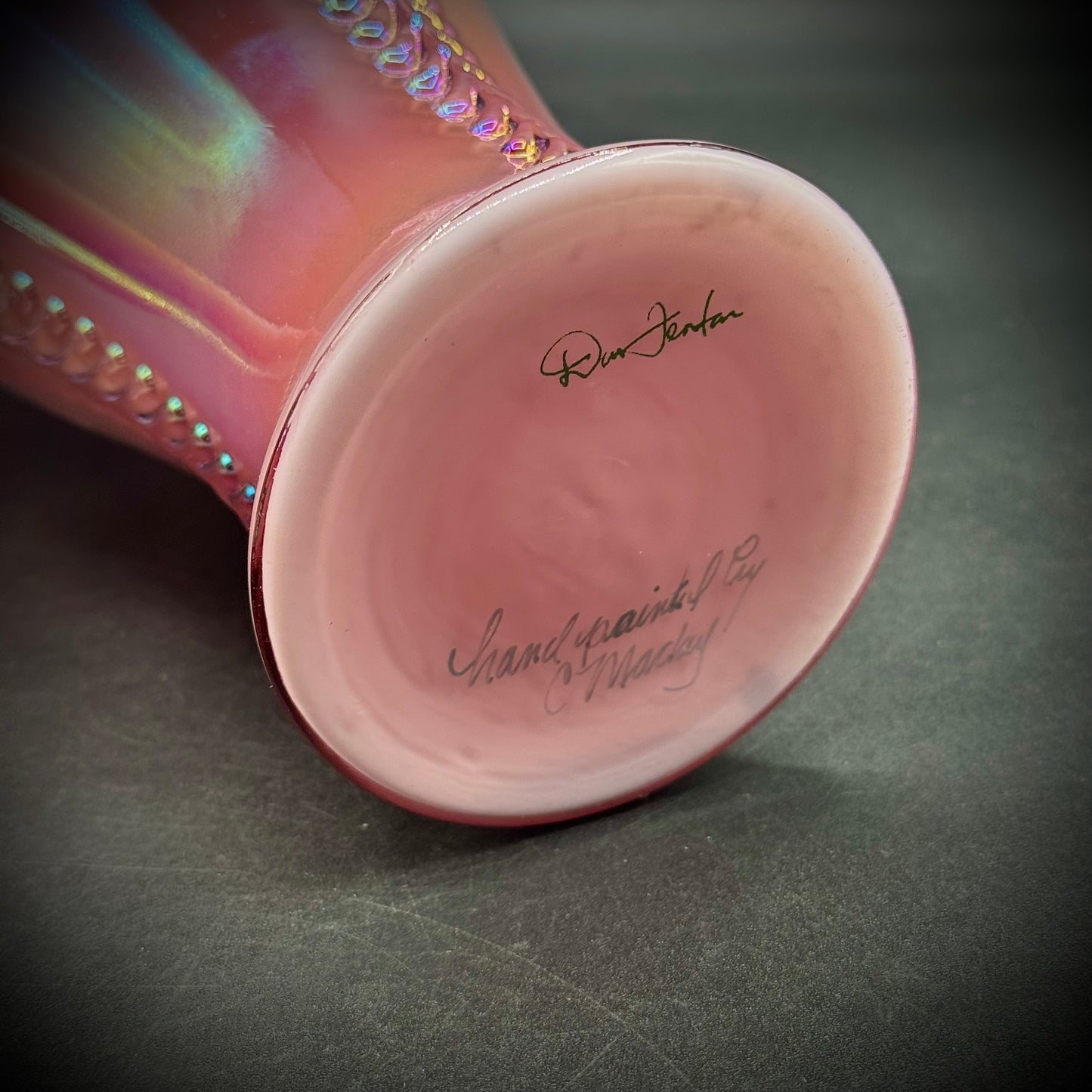Vintage Fenton Museum Collection Pink Opalescent Ruffled Top Floral Vase Signed by Dan Fenton