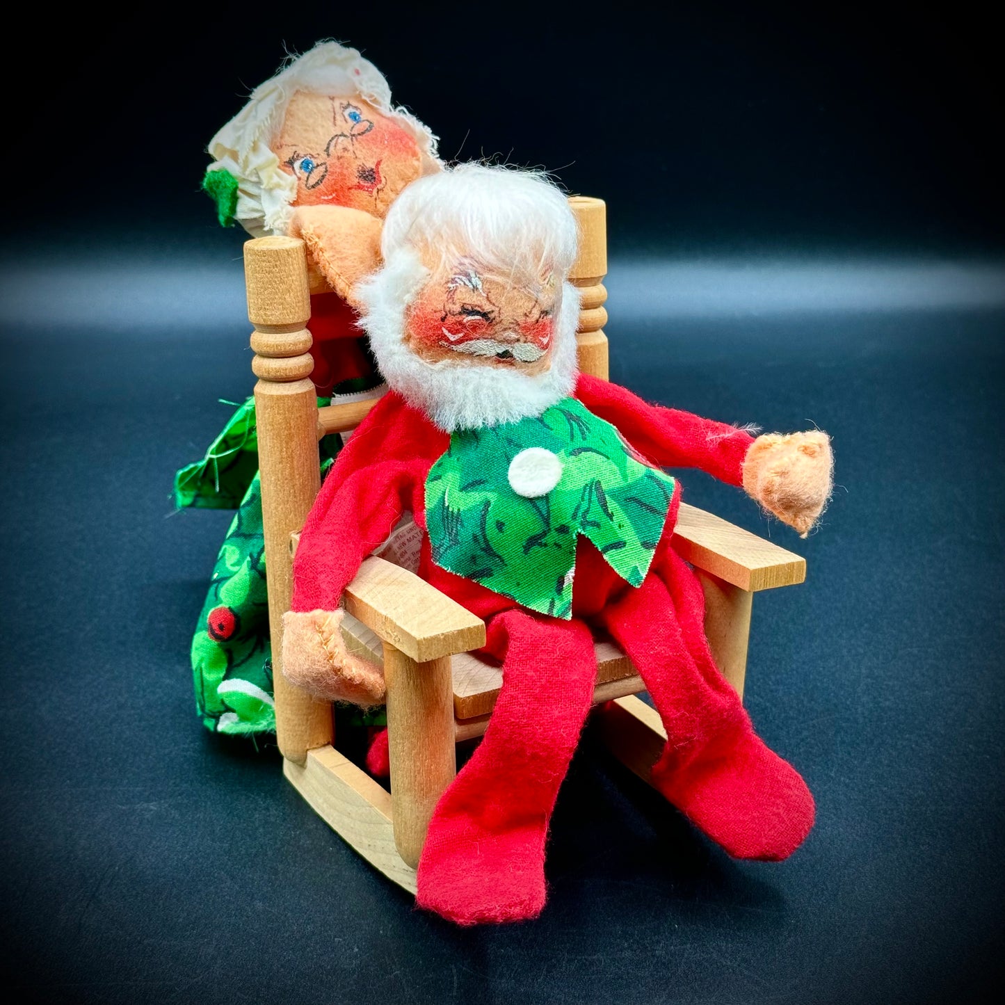 Pair of Annalee Mr. & Mrs. Claus from 1971 & 1976 with Rocking Chair