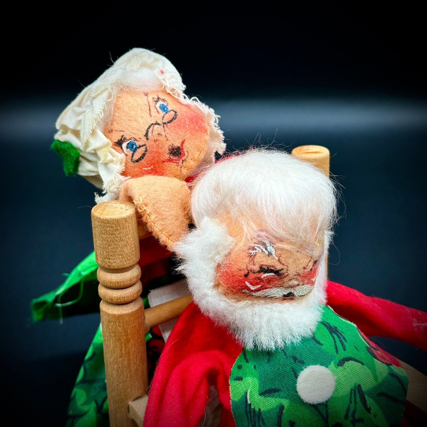 Pair of Annalee Mr. & Mrs. Claus from 1971 & 1976 with Rocking Chair