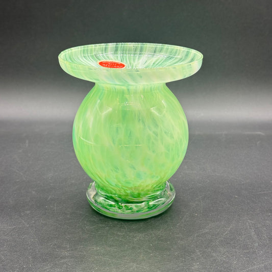 Stunning Green & White Arte Murano Italy Vase with Original Label