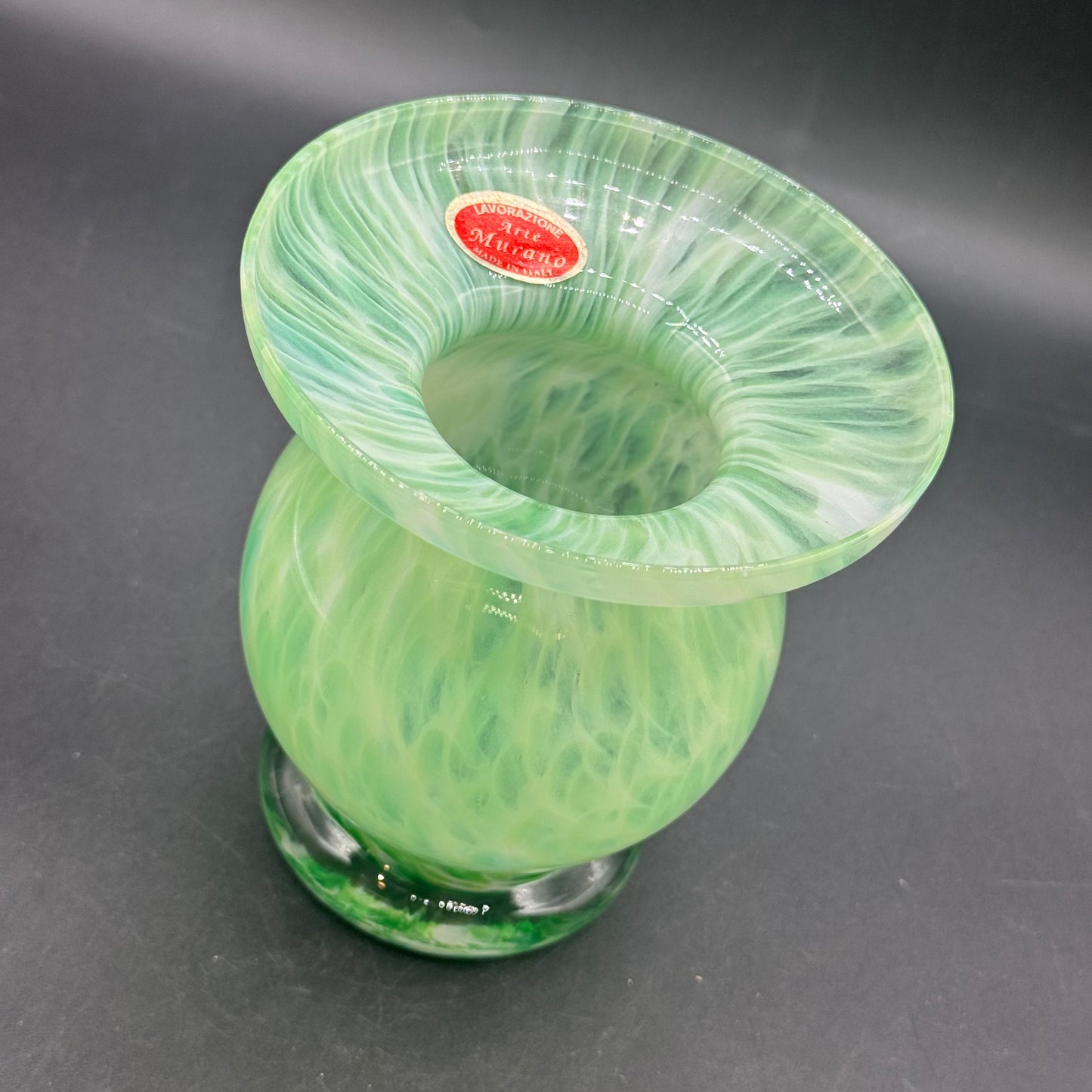 Stunning Green & White Arte Murano Italy Vase with Original Label